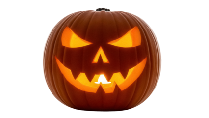 Spooky jack-o -lantern PNG isolated on transparent background, Halloween pumpkin with glowing face for holiday decoration