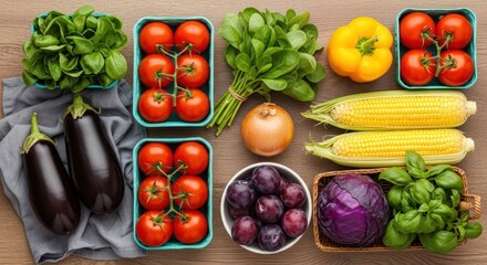 A vibrant assortment of fresh, colorful vegetables and fruits, including tomatoes, corn, cabbage, and plums, artfully arranged on a textured wooden table.