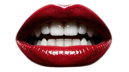 Glossy red lips with perfect white teeth isolated PNG, open mouth with bright lipstick on transparent background for beauty and fashion design