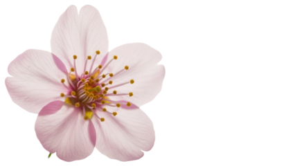 Delicate pink cherry blossom isolated PNG on transparent background, spring flower with yellow stamens for design and decoration