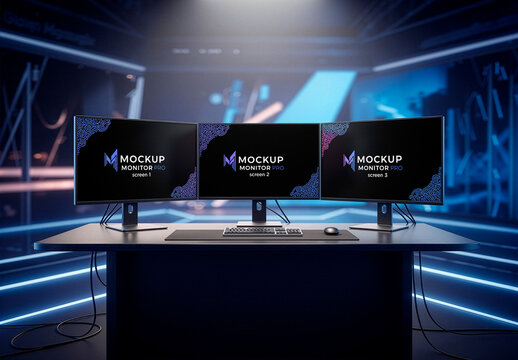 Triple Monitor Presenter Desk Mockup