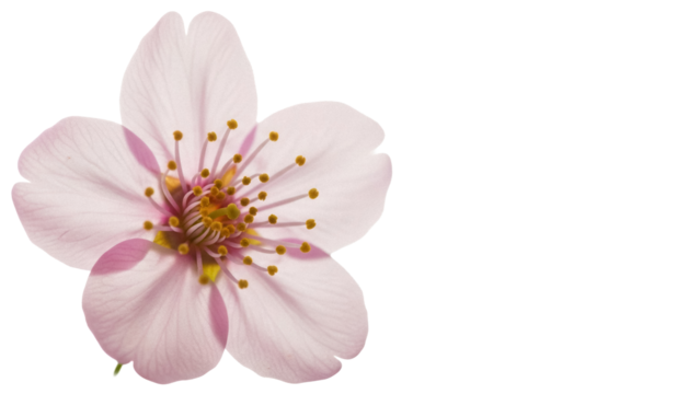 Delicate pink cherry blossom isolated PNG on transparent background, spring flower with yellow stamens for design and decoration - Powered by Adobe