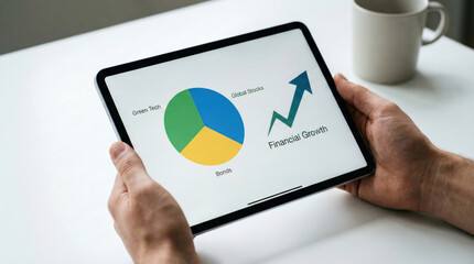 Person holding digital tablet displaying investment portfolio pie chart with green tech and bonds allocation. Financial growth and asset diversification concept