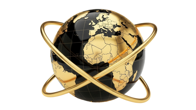 Golden globe with continents isolated PNG, world map with gold continents and black oceans on transparent background, travel and geography concept