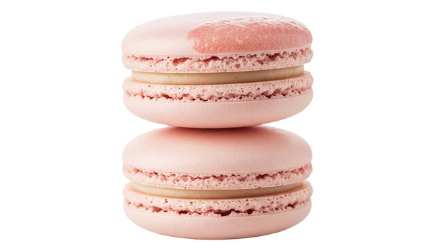 Stack of two pink macarons isolated PNG, delicious French almond meringue-based confection on transparent background for dessert concepts