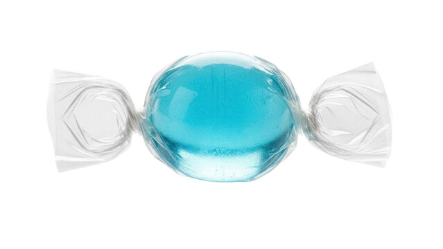 Blue hard candy isolated PNG on transparent background, wrapped sweet treat for confectionery and dessert designs, sugary snack, cellophane wrapper