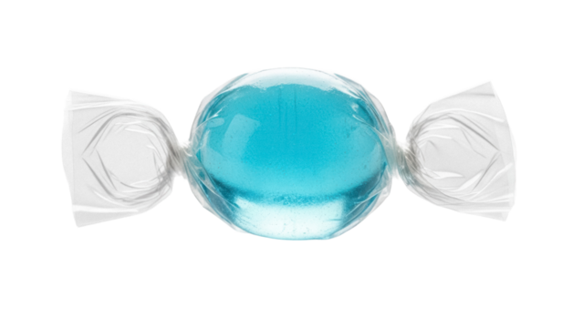 Blue hard candy isolated PNG on transparent background, wrapped sweet treat for confectionery and dessert designs, sugary snack, cellophane wrapper