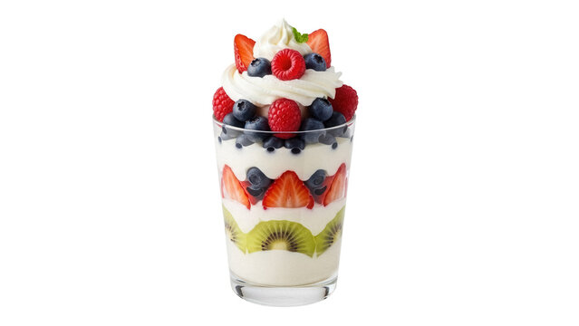Delicious fruit parfait with whipped cream isolated PNG, layered dessert with strawberries, kiwi, blueberries, and raspberries on transparent background