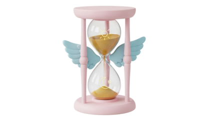 Pastel pink hourglass with wings PNG isolated on transparent background, whimsical time management concept for design and decoration
