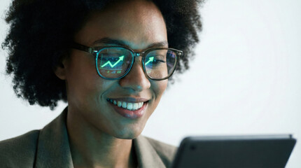 Close up of smiling businesswoman wearing glasses with reflection of financial growth graph. Vision, future success and digital analysis concept