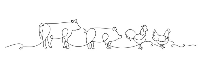Single continuous line drawing of the Pigs, chickens and geese on the farm. Successful farming minimalism concept. Dynamic one line draw graphic design vector illustration