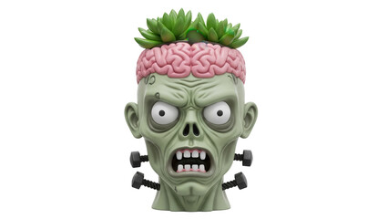 Frankenstein monster head planter PNG isolated on transparent background, spooky Halloween decoration for plants and succulents