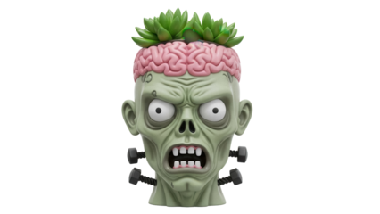 Frankenstein monster head planter PNG isolated on transparent background, spooky Halloween decoration for plants and succulents
