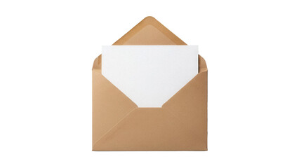 Open brown kraft envelope with blank paper isolated PNG, stationery mockup for invitations and...