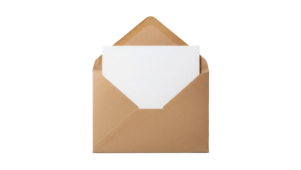 Open brown kraft envelope with blank paper isolated PNG, stationery mockup for invitations and greetings on transparent background