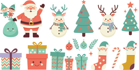 Obraz premium Whimsical christmas characters and festive elements including santa claus elves snowmen decorated trees gift boxes stockings candy canes and ornaments perfect for holiday designs and decorations
