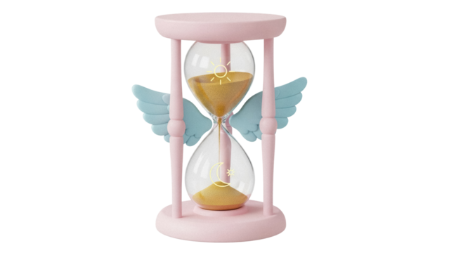 Pastel pink hourglass with wings PNG isolated on transparent background, whimsical time management concept for design and decoration