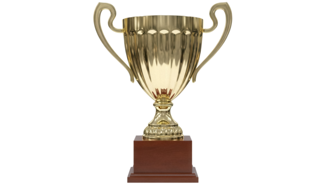 Golden trophy cup isolated PNG on transparent background, award for winning a competition or championship and celebrating success
