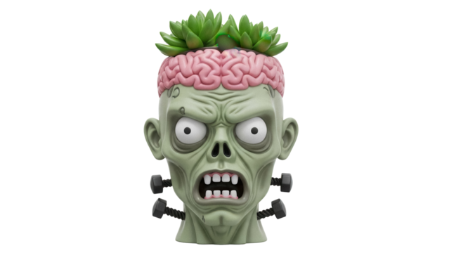 Frankenstein monster head planter PNG isolated on transparent background, spooky Halloween decoration for plants and succulents