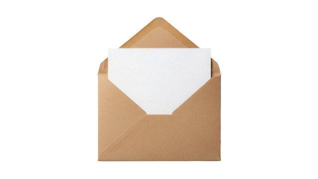 Open brown kraft envelope with blank paper isolated PNG, stationery mockup for invitations and greetings on transparent background