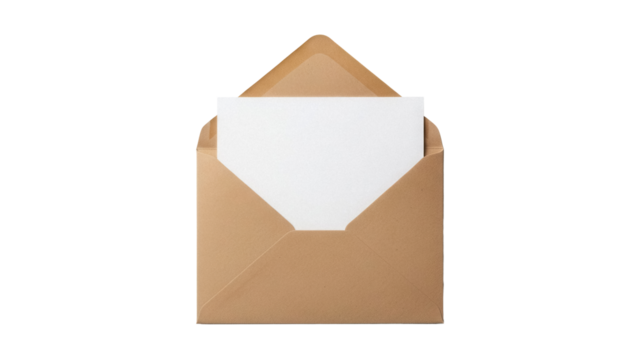 Open brown kraft envelope with blank paper isolated PNG, stationery mockup for invitations and greetings on transparent background - Powered by Adobe