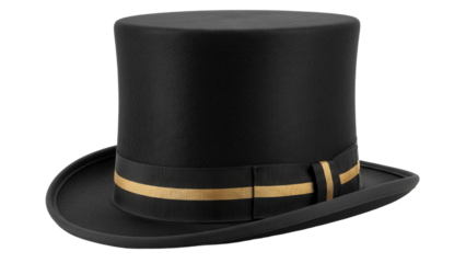 Elegant black top hat with gold ribbon isolated PNG, classic formal headwear for vintage fashion and theatrical costumes