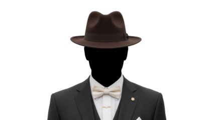 Elegant man in suit and fedora hat isolated PNG, formal wear for special occasions and vintage fashion themes