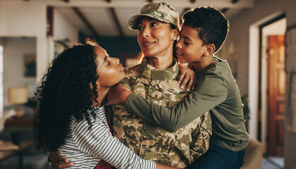 Heartwarming homecoming as military mom is embraced by her loving children in a tender family moment filled with joy and patriotism, a symbol of sacrifice