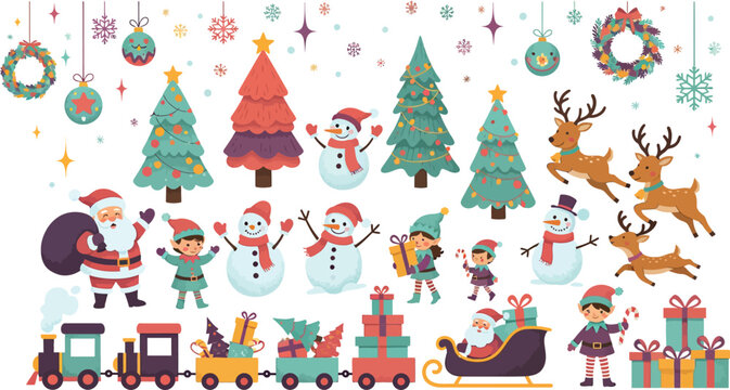 A festive winter holiday card illustration featuring a cheerful cartoon snowman, gifts, and a decorated Christmas tree with star ornaments and snowflake patterns