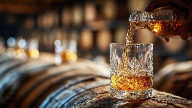 Whiskey bottle and glass on barrel in aging cellar