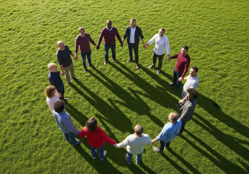 Aerial view of diverse people standing in a circle, holding hands on green grass