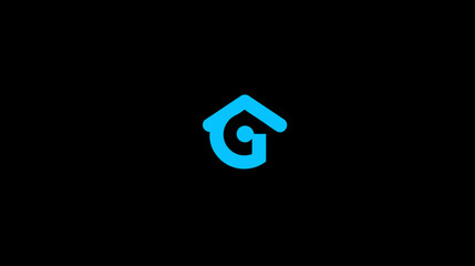 Modern abstract cyan letter G and stylized house logo. Minimalist geometric home symbol on a black background for real estate and property tech.