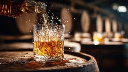 Whiskey bottle and glass on barrel in aging cellar