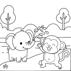 jungle animal friends small elephant splashing water from its trunk onto excited monkey Coloring Page