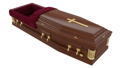 Elegant brown wooden coffin with golden cross isolated PNG, funeral casket for burial ceremony on transparent background