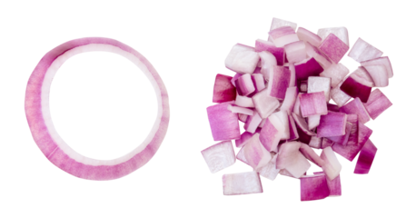 Top view set of fresh red or purple Spanish onion rings and cube shape of onion slices in stack isolated with clipping path in png file format