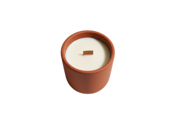 macro flat lay of a scented candle in a deep terracotta ceramic holder with creamy wax and warm wooden flame on a transparent background. concept of luxurious spa wellness