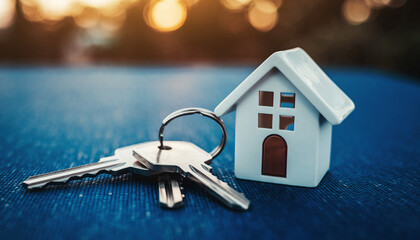 Unlock your dream home with these shiny new keys and a charming house model, perfect for real estate ads, mortgage promotions, and homeownership celebrations