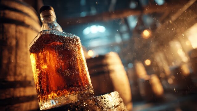 Whiskey bottle and glass on barrel in aging cellar