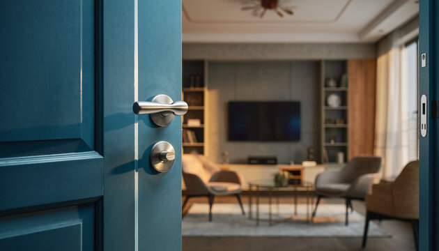 Welcome home to a stylish contemporary living room, inviting relaxation and comfort through an open doorway, perfect for real estate and interior design