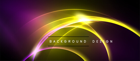 Abstract design features vibrant yellow, purple glows. Circular lines intersect creating bright focal point. Dark background enhances luminosity.