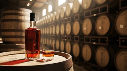 Whiskey bottle and glass on barrel in aging cellar