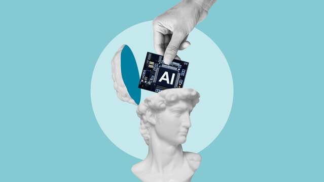 Fototapeta AI technology integrated into art and culture, thinking process modernization. AI integrating with human intelligence, evolution of technology and mind