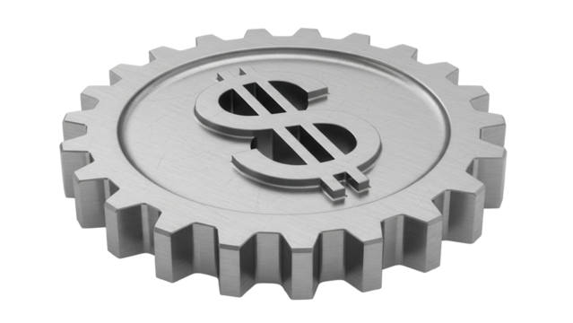 Silver gear with dollar sign isolated PNG, financial mechanism concept for business and investment themes on transparent background - Powered by Adobe