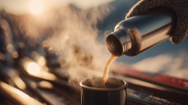 Thermos and gloves: detail close-up of hot drink pouring - Powered by Adobe