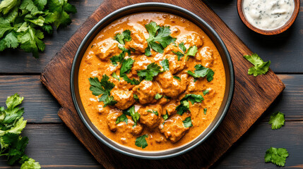 Creamy curry chicken garnished with cilantro on wooden board, warm appetizing meal