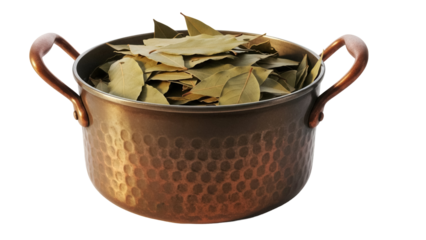 Copper pot filled with dried bay leaves isolated PNG, aromatic herb for cooking and seasoning on transparent background