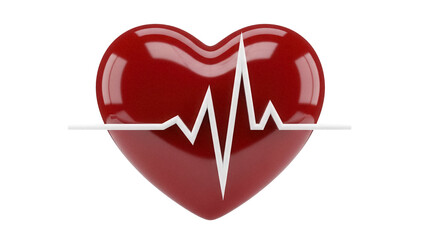 Red heart with heartbeat line isolated PNG on transparent background, symbol of love and health for medical and Valentine s Day designs