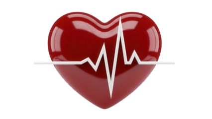 Red heart with heartbeat line isolated PNG on transparent background, symbol of love and health for medical and Valentine s Day designs
