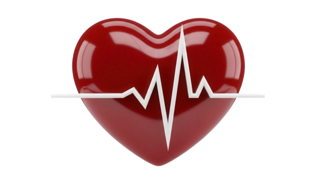 Red heart with heartbeat line isolated PNG on transparent background, symbol of love and health for medical and Valentine s Day designs